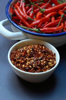 Chili flakes in shell and chilli peppers