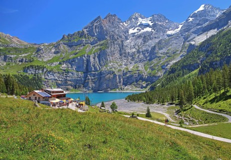 Oeschinensee with mountain inn and Blueemlisalp