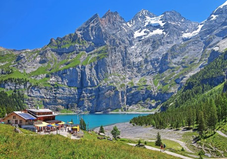 Oeschinensee with mountain inn and Blueemlisalp