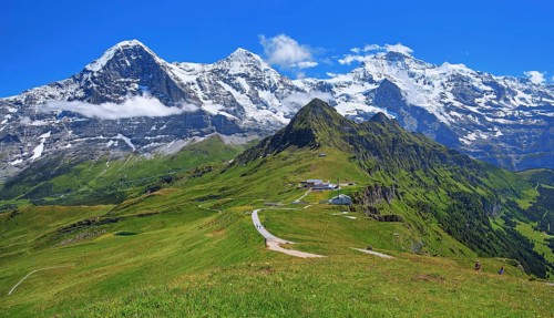 Mountain meadow and hiking trail on the Maennlichen with the triumvirate of the Eiger