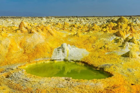 Geothermal area with sulphur deposits and acidic brine