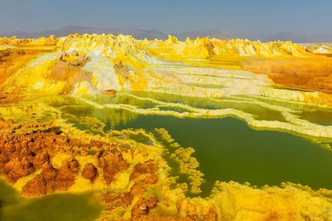 Geothermal area with sulphur deposits and acidic brines
