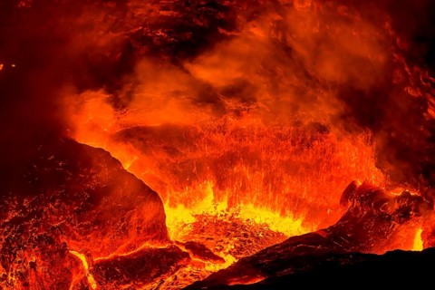 Glowing active lava lake