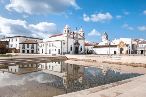 Church of Santa Maria and fountain with water reflection