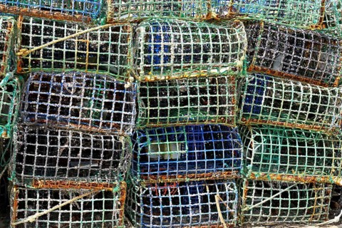 Basket fish traps for crab and lobster fishing in the Atlantic Ocean