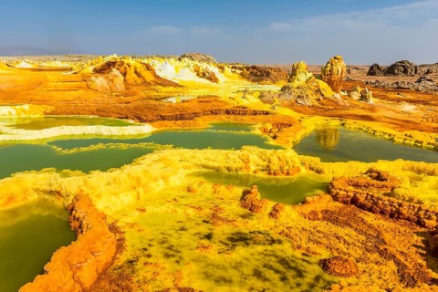 Geothermal area with sulphur deposits and acidic brines