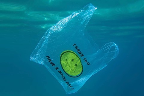 A plastic bag with a yellow smiley face and the words thank you