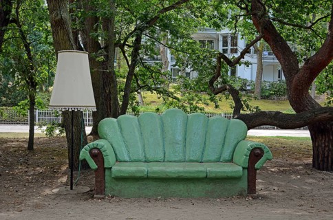 Green sofa and living room lamp