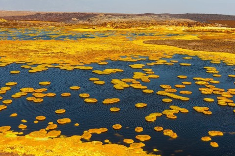 Geothermal area with sulphur deposits and acidic brines