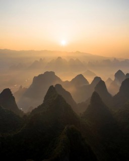 Chinese karst mountains near Yangshuo at sunrise