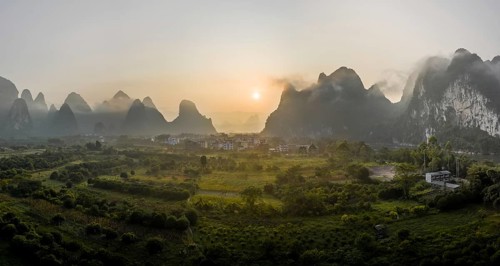Chinese karst mountains near Yangshuo at sunrise