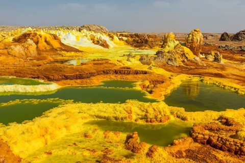 Geothermal area with sulphur deposits and acidic brines