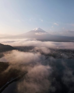 Aerial view of Lake Kawaguchiko at sunrise