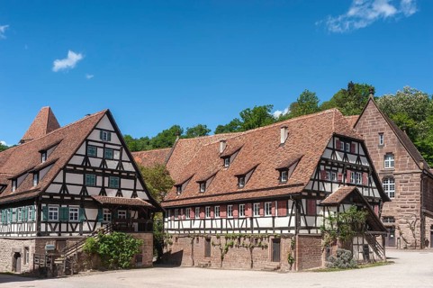 Monastery courtyard with historical half-timbered ensemble