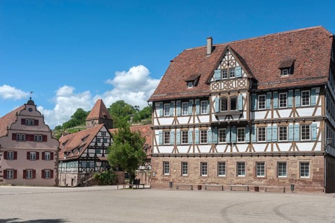 Monastery courtyard with historical half-timbered ensemble