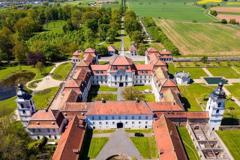 Aerial view Baroque castle Fasanerie with castle garden