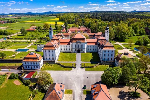 Aerial view Baroque castle Fasanerie with castle garden