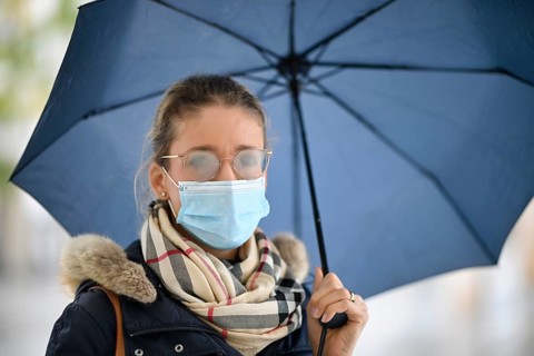 Woman with face mask and umbrella