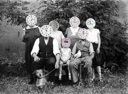 Family with watches as heads