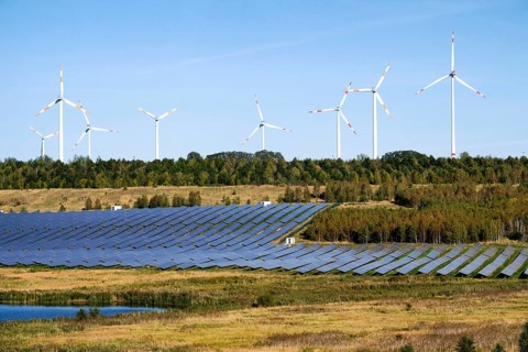 Solar park and wind turbines