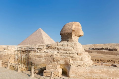 The great Sphinx with the pyramid of Cheops in the background