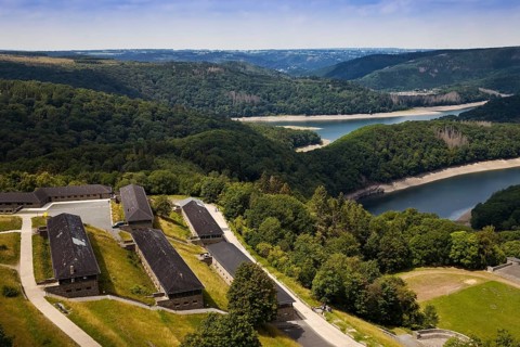 Aerial view with the former NS-Ordensburg Vogelsang and the Eifel National Park with the Urft Reservoir