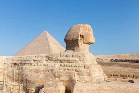 The great Sphinx with the pyramid of Cheops in the background