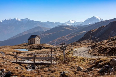 Mountain hut Sesvenna in front of an alpine panorama with Ortler