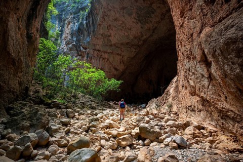 Hiker stands in a gorge