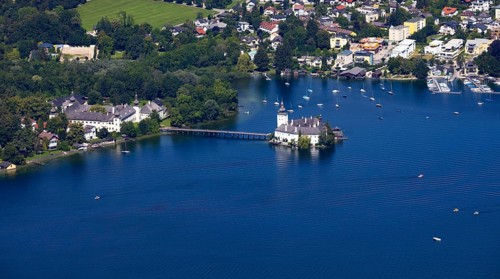 View from the treetop path at Gruenberg to Lake Traun Castle Ort and Gmunden