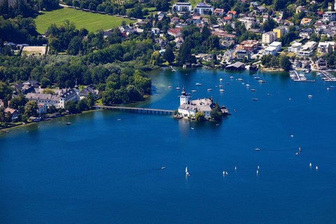 View from the treetop path at Gruenberg to Lake Traun Castle Ort and Gmunden