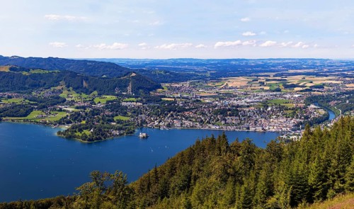 View from the tree top walk to the Lake Traun Castle Ort and Gmunden