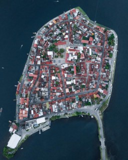 Aerial view of Flores at sunset from above