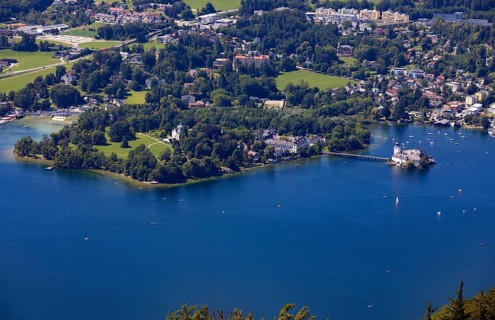 View from the treetop path at Gruenberg to the Lake Traun Toscana Park Schloss Ort and Gmunden