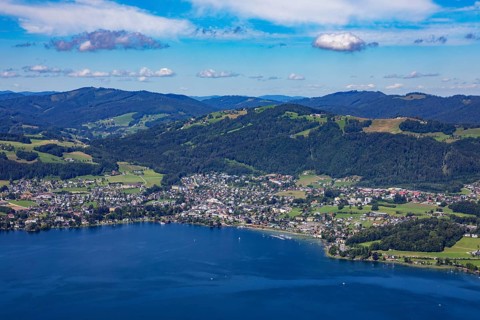 View from the tree top walk to the Lake Traun and Traunkirchen and Gruenberg