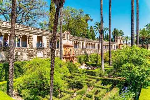 Moorish architecture of beautiful castle called Real Alcazar in Seville