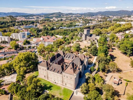 Aerial view of palace of dukes of Braganza and Castle in Guimaraes