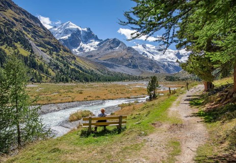 Hiking trail and glacier stream in the Roseg Valley