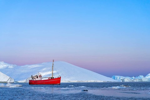 Red boat with tourists in front of icebergs at the blue hour