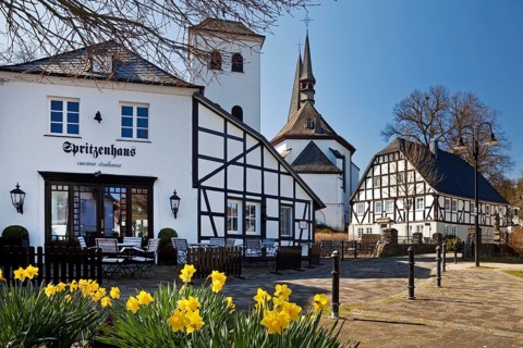 Half-timbered houses around the parish church of St. Peter and Paul in spring