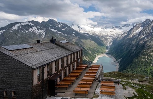 Olperer Huette with view of the Schlegeis reservoir