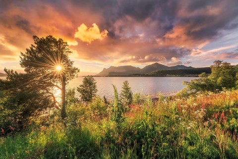 Midnight sun in midsummer by the fjord