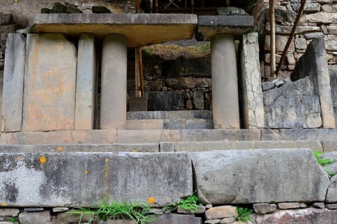 Columns with reliefs in the ruins of Chavin de Huantar