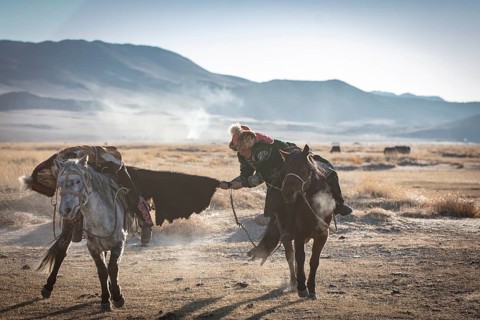 Spai Bashakhan's sons train for the Mongolian equestrian game Buzkaschi