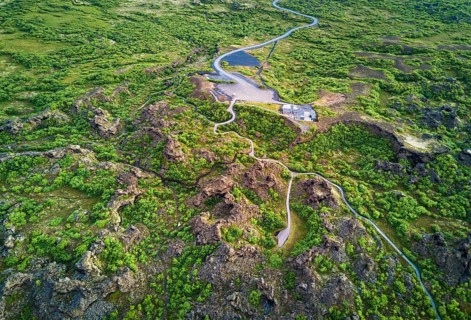 Aerial view of the visitor centre at the lava field Dimmuborgir