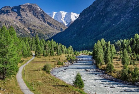 Bernina Valley with Bernina stream and Piz Palue