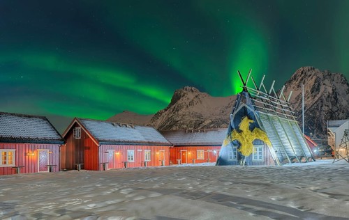 Northern Lights Historic fisherman's cottages Svolva Lofoten Norway