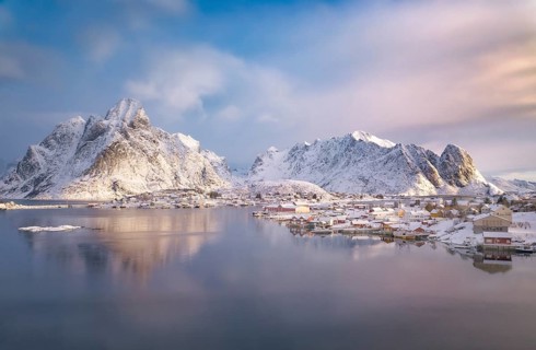 Fishing village Reine in winter at dawn