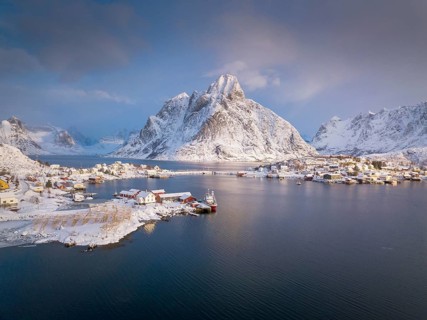Fishing village Reine in winter at dawn