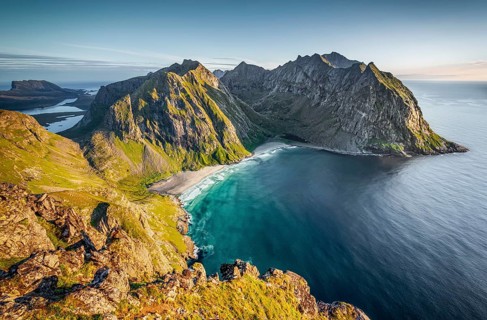 View from the summit to Kvalvika beach and wide sea